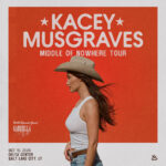 Kacey Musgraves Middle of Nowhere Tour poster featuring a woman in a cowboy hat on an orange background with event details in the corner.