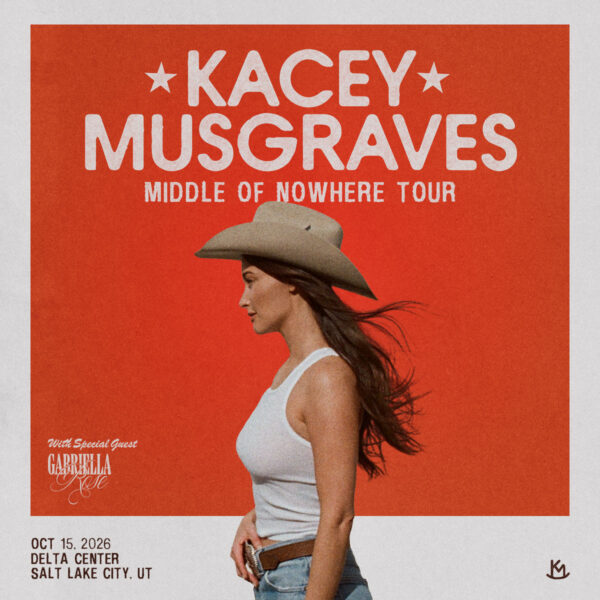Kacey Musgraves Middle of Nowhere Tour poster featuring a woman in a cowboy hat on an orange background with event details in the corner.