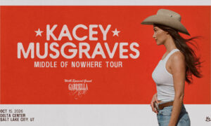 Promotional poster for Kacey Musgraves' Middle of Nowhere tour with a woman in a cowboy hat on an orange background.