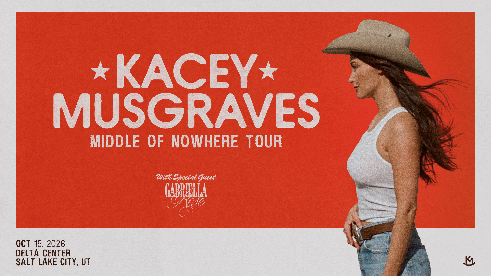 Promotional poster for Kacey Musgraves' Middle of Nowhere tour with a woman in a cowboy hat on an orange background.