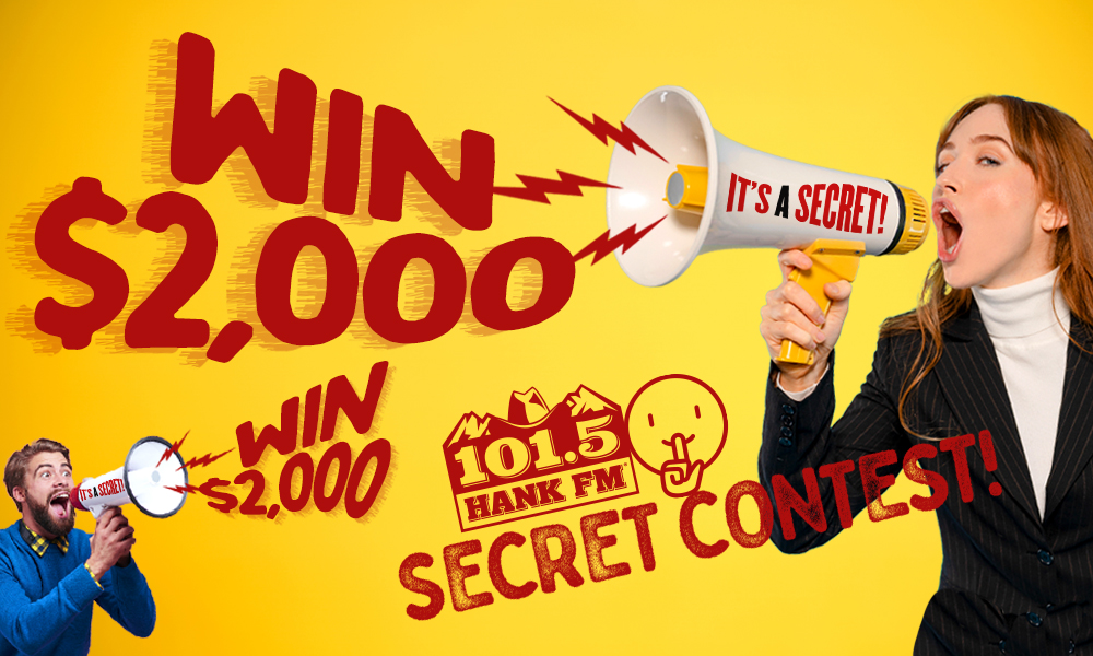 Bright yellow ad promoting a secret contest with two people shouting into megaphones; bold red text reads 'WIN 
