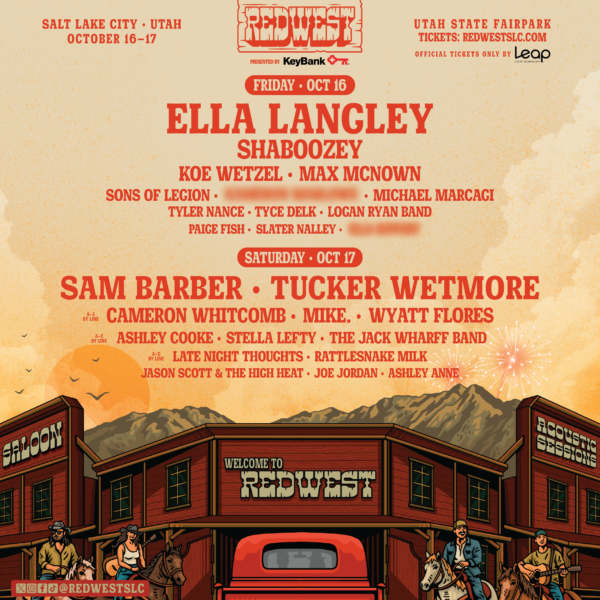 Poster for RedWest music festival with lineup and a Western town illustration and sunset in orange tones.