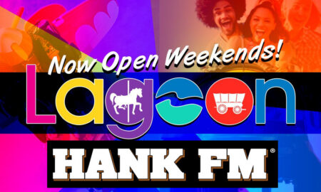 Promotional banner for Lagoon Hank FM announcing 'Now Open Weekends!' with a colorful logo and icons in the letters.