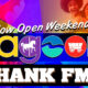 Promotional banner for Lagoon Hank FM announcing 'Now Open Weekends!' with a colorful logo and icons in the letters.
