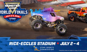 Promotional image for Monster Jam World Finals 2026 at Rice-Eccies Stadium, July 2–4, Utah, featuring colorful monster trucks on dirt track.