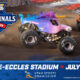 Promotional image for Monster Jam World Finals 2026 at Rice-Eccies Stadium, July 2–4, Utah, featuring colorful monster trucks on dirt track.
