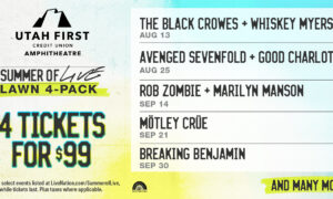 Concert poster for Utah First Credit Union Amphitheatre: 'Summer of Live' Lawn 4-Pack — 4 tickets for $99; features band lineup (The Black Crowes, Avenged Sevenfold, Rob Zombie, Mötley Crüe, Breaking Benjamin) with dates Aug–Sep and an 'And many more' banner.