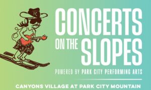 Poster-style image advertising 'Concerts on the Slopes' with a cartoon skier on the left and a green-to-teal gradient background, text indicating event name and venue: Canyons Village at Park City Mountain. (informational)