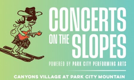 Poster-style image advertising 'Concerts on the Slopes' with a cartoon skier on the left and a green-to-teal gradient background, text indicating event name and venue: Canyons Village at Park City Mountain. (informational)