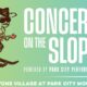 Poster-style image advertising 'Concerts on the Slopes' with a cartoon skier on the left and a green-to-teal gradient background, text indicating event name and venue: Canyons Village at Park City Mountain. (informational)