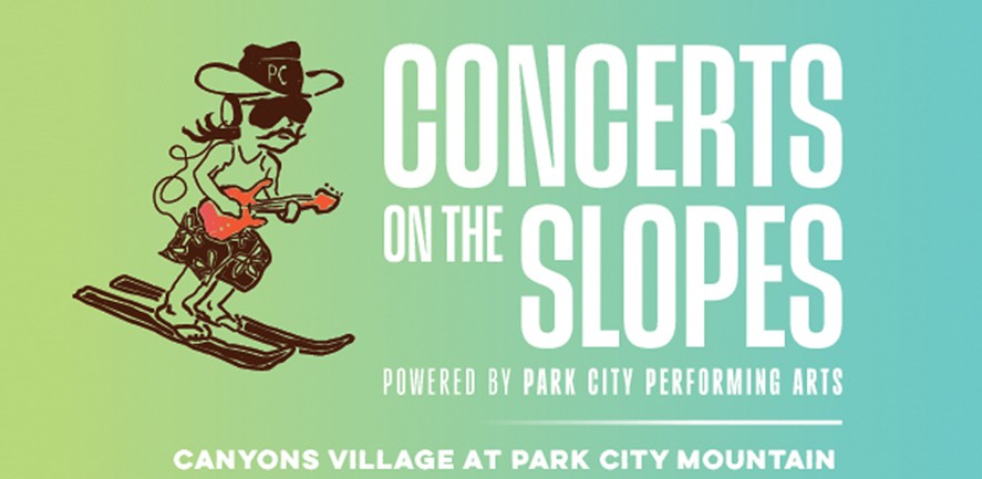 Poster-style image advertising 'Concerts on the Slopes' with a cartoon skier on the left and a green-to-teal gradient background, text indicating event name and venue: Canyons Village at Park City Mountain. (informational)