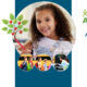 Young girl smiles while drawing with a pencil, with 'The Road Home Apple Tree' branding on the right and teal background behind her.