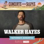 Promotional poster reading 'Concerts on the Slopes' at Canyons Village, Park City, with a skier illustration and mountains (festival banner)