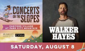 Split poster: left side shows ski-themed event graphic with 'CONCERTS ON THE SLOPES' and 'CANYONS VILLAGE AT PARK CITY MOUNTAIN'; right side shows a man with bold 'WALKER HAYES' text overlapping a dark background.