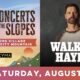 Split poster: left side shows ski-themed event graphic with 'CONCERTS ON THE SLOPES' and 'CANYONS VILLAGE AT PARK CITY MOUNTAIN'; right side shows a man with bold 'WALKER HAYES' text overlapping a dark background.