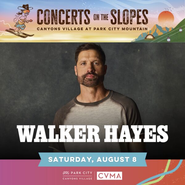 Promotional poster reading 'Concerts on the Slopes' at Canyons Village, Park City, with a skier illustration and mountains (festival banner)