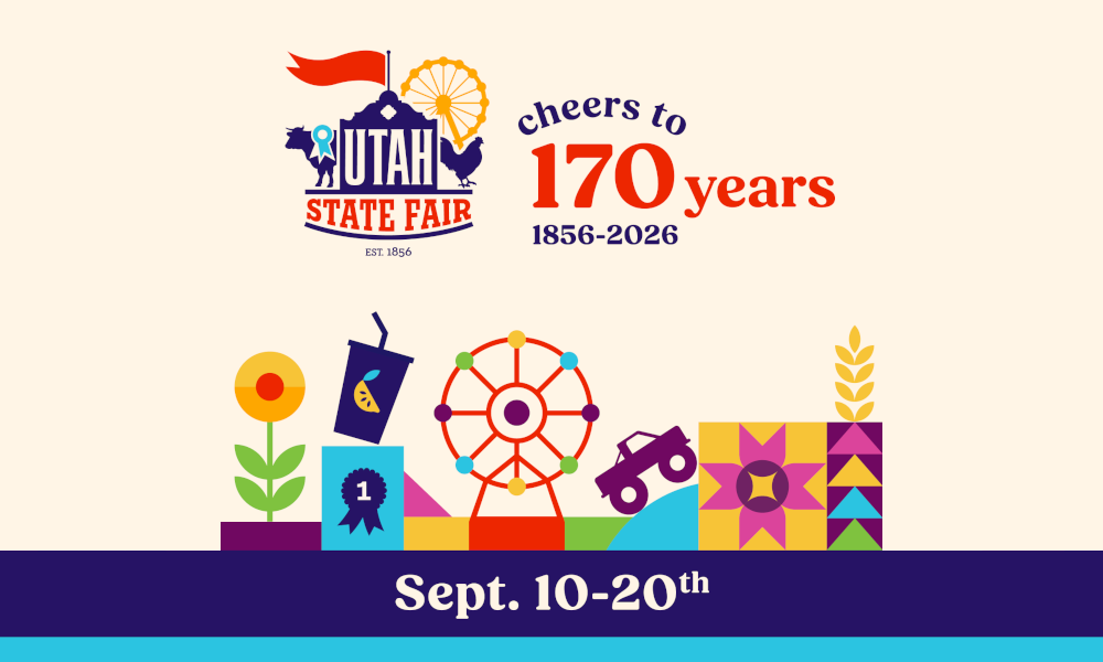 Utah State Fair banner celebrating 170 years (1856–2026) with a colorful ferris wheel and fairground icons, Sept. 10–20.